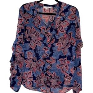 Chico's Navy and Coral Floral Ruffle Blouse